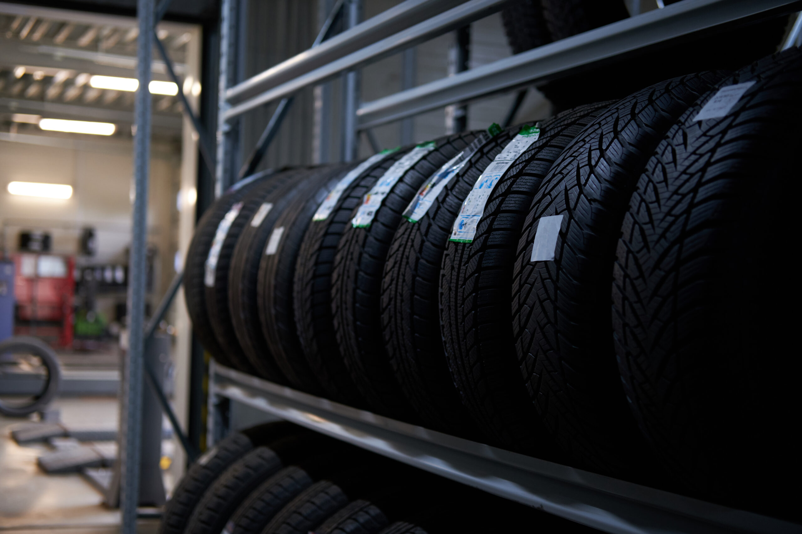 Variety of tyres at busy warehouse Variety of tyres at busy warehouse